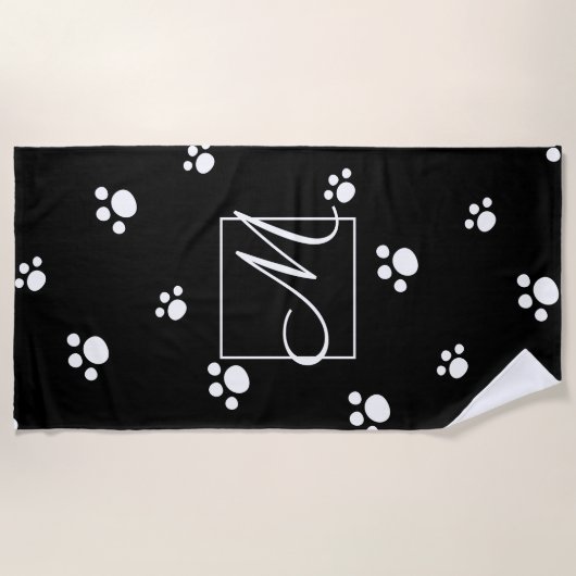 Monogram zwart-wit Cute Dog Paw Print Pattern Strandlaken (Voorkant)