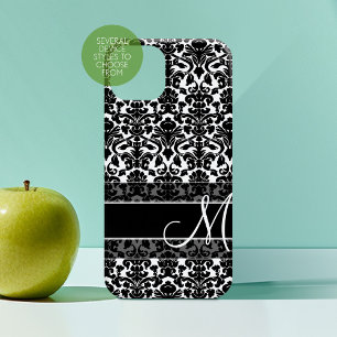 Monogram zwart-wit Damask Pattern iPhone 16 Hoesje