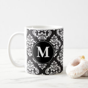 Monogram zwart-wit Damask Print Pattern Koffiemok