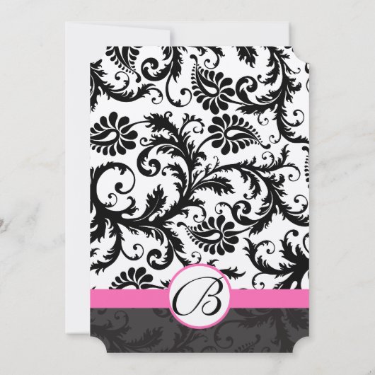 Monogram zwart-wit Damask roze sierstrip Kaart (Achterkant)