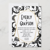 Monogram Zwart & Wit Damaskbruiloft Kaart (Voorkant)