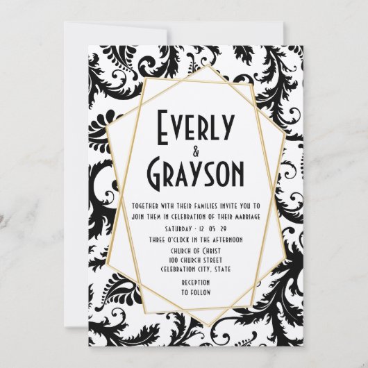 Monogram Zwart & Wit Damaskbruiloft Kaart (Voorkant)