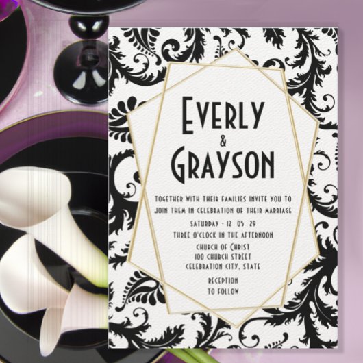 Monogram Zwart & Wit Damaskbruiloft Kaart