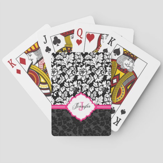 Monogram zwart-wit Damast roze streep Pokerkaarten (Achterkant)