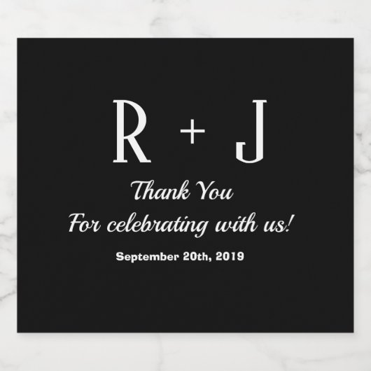 Monogram Zwart & Wit Dank u Bruiloft Likeurfles Etiket (Enkel label)