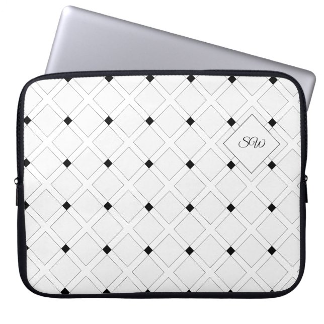 Monogram zwart-wit Deco Squares Laptop Sleeve (Voorkant)
