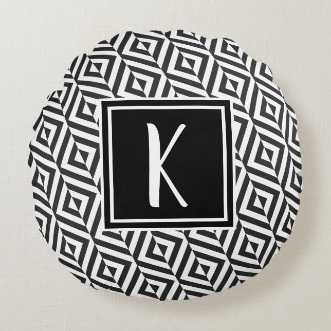 Monogram Zwart & Wit Diamant Patroon Rond Kussen (Voorkant)
