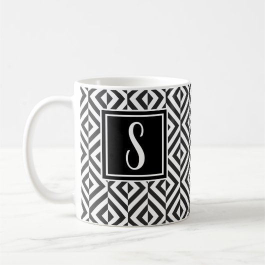 Monogram zwart-wit diamantpatroon koffiemok (Links)
