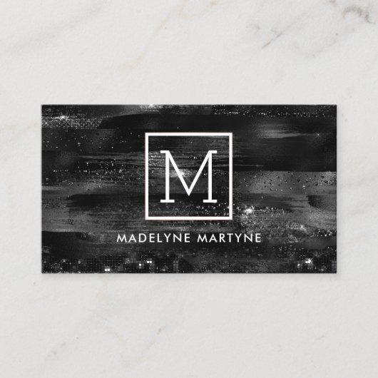 Monogram Zwart-wit Elegante Shimmer Visitekaartje (Voorkant)
