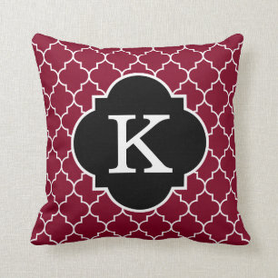 Monogram zwart wit en Bourgogne Quatrefoil Kussen