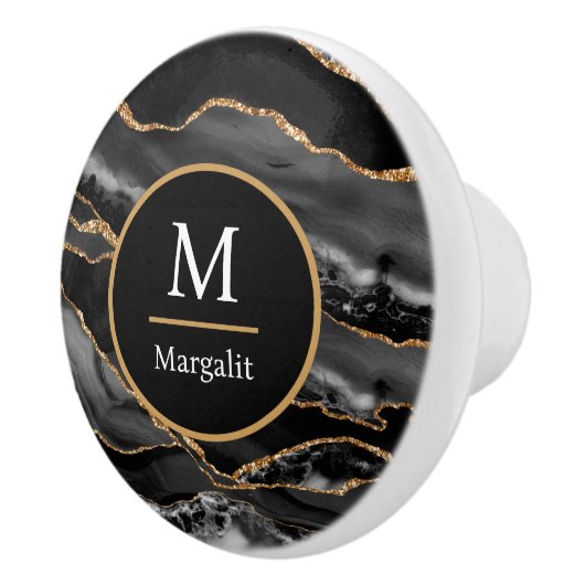 Monogram Zwart Wit en Goud Faux Marmer Agaat Keramische Knop (Rechts)