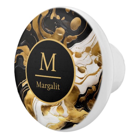 Monogram zwart wit en goud faux marmer keramische knop (Rechts)