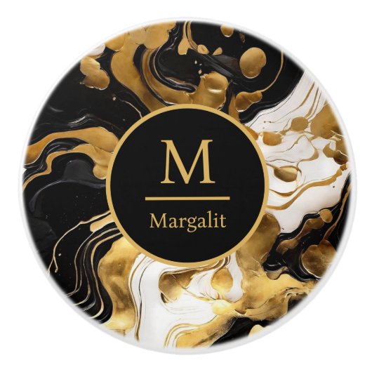 Monogram Zwart Wit en Goud Nep Marmer Keramische Knop (Voorkant)