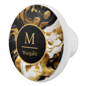 Monogram Zwart Wit en Goud Nep Marmer Keramische Knop (Rechts)