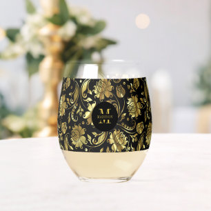 Monogram zwart-wit en goudfloral Damask Wijnglas Zonder Voet
