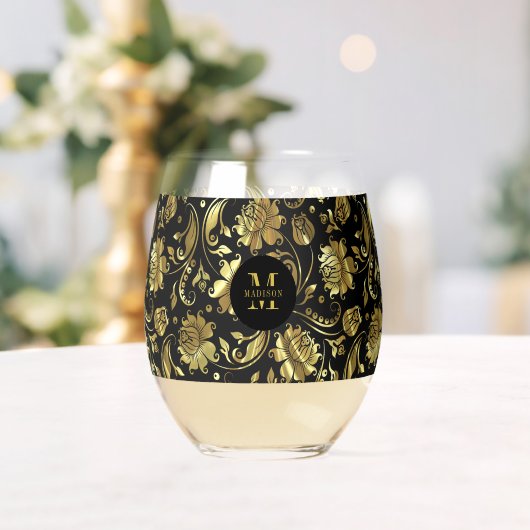 Monogram zwart-wit en goudfloral Damask Wijnglas Zonder Voet (Insitu (Huwelijk))