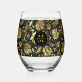 Monogram zwart-wit en goudfloral Damask Wijnglas Zonder Voet (Voorkant)