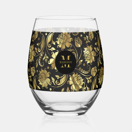 Monogram zwart-wit en goudfloral Damask Wijnglas Zonder Voet (Voorkant)