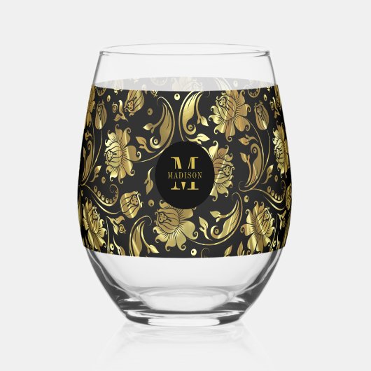 Monogram zwart-wit en goudfloral Damask Wijnglas Zonder Voet (Achterkant)