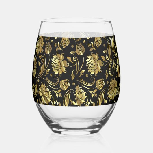 Monogram zwart-wit en goudfloral Damask Wijnglas Zonder Voet (Rechts)