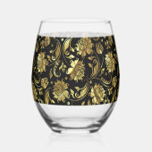 Monogram zwart-wit en goudfloral Damask Wijnglas Zonder Voet (Links)