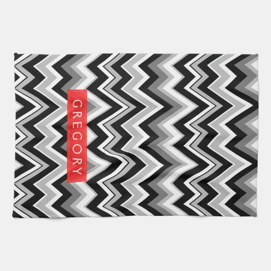 Monogram zwart wit en grijs chevron patroon theedoek (Horizontaal)