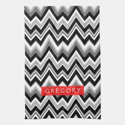 Monogram zwart wit en grijs chevron patroon theedoek (Verticaal)