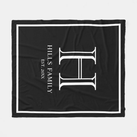 Monogram Zwart & Wit Familienaam Fleece Deken (Voorkant (Horizontaal))