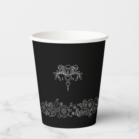 Monogram zwart wit fleur de lis bruiloft papieren bekers (Voorkant)