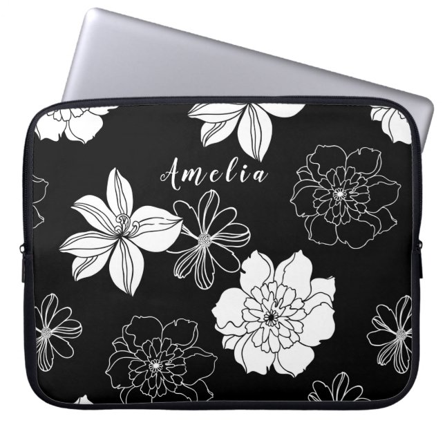 Monogram zwart-wit Floral Laptop Sleeve (Voorkant)