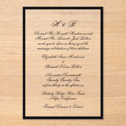 Monogram Zwart & Wit Formeel Lijst Bruiloft Acryl Uitnodigingen (Voorkant)