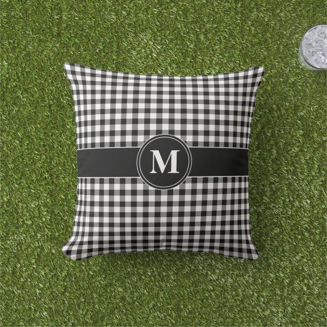Monogram zwart-wit geruit geruit ruitpatroon buitenkussen (Gras)