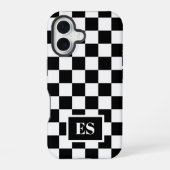 Monogram zwart wit geruit patroon iPhone 16 hoesje (Achterkant)