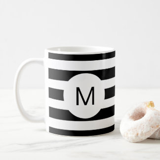 Monogram zwart-wit gestreept (aangepaste kleur) koffiemok