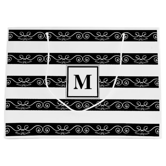 Monogram Zwart wit gestreept design Groot Cadeauzakje (Voorkant)