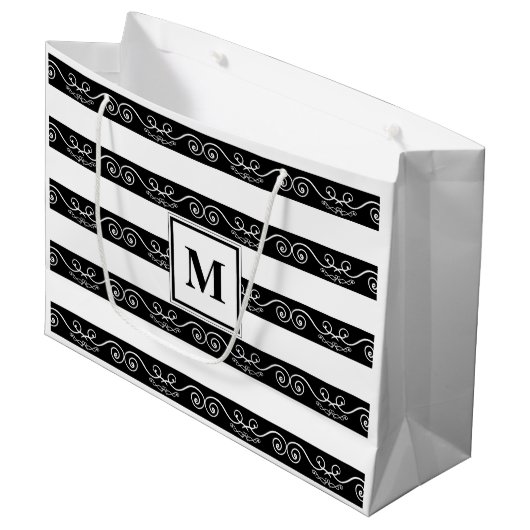 Monogram Zwart wit gestreept design Groot Cadeauzakje (Voorkant Gekanteld)