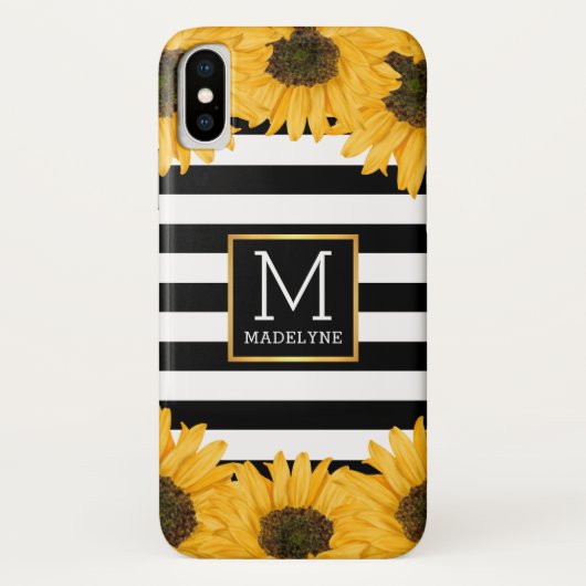 Monogram Zwart Wit Gestreept Zonnebloem Goud Case-Mate iPhone Case (Achterkant)
