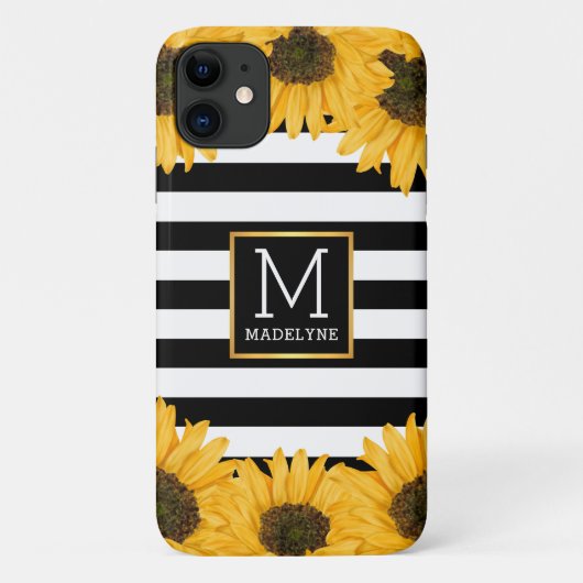 Monogram Zwart Wit Gestreept Zonnebloem Goud Case-Mate iPhone Case (Achterkant)
