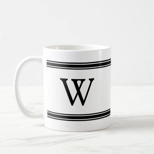 Monogram zwart-wit gestreepte gepersonaliseerde mo koffiemok (Links)
