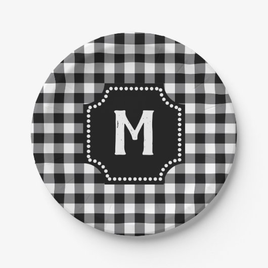 Monogram zwart-wit Gingham Buffalo-cheque Papieren Bordje (Voorkant)