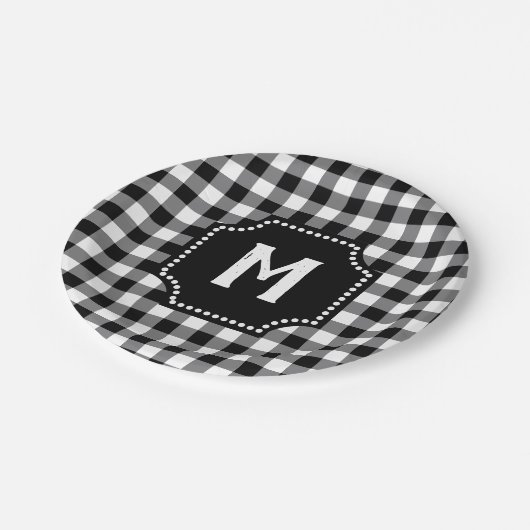 Monogram zwart-wit Gingham Buffalo-cheque Papieren Bordje (Gekanteld)