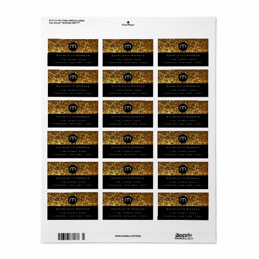 Monogram Zwart Wit Goud Glitter Logo RSVP Etiket (Full Sheet)