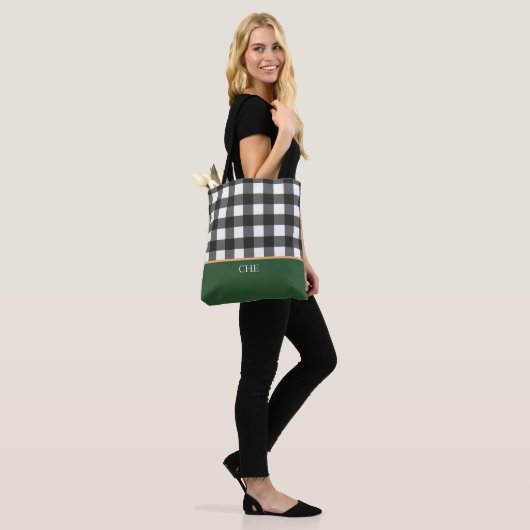 Monogram zwart wit groen gecontroleerd tote bag (Op model)