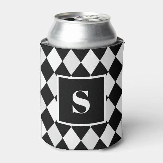 Monogram zwart-wit harlekijn diamantpatroon blikjeskoeler (Blikje Voorkant)