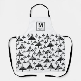 Monogram zwart-wit kerstboompatroon schort