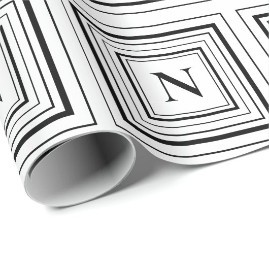 Monogram Zwart-wit Klassiek Vierkant Monogram Cadeaupapier (Rol Hoek)