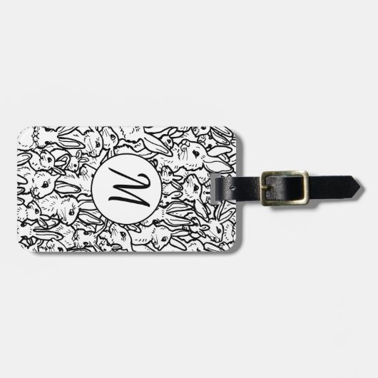 Monogram zwart-wit konijn Kunsttekeningen Aangepas Bagagelabel (Voorkant horizontaal)
