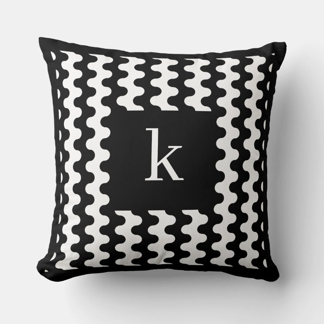 Monogram Zwart Wit Kordaat Golfpatroon Kussen (Creator heeft geüpload)