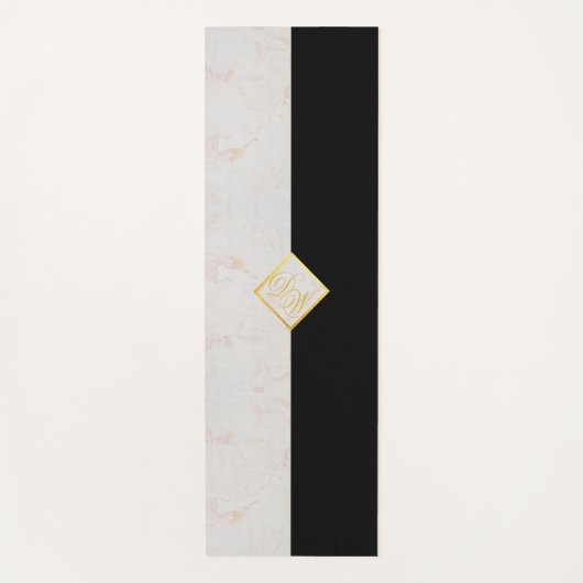 Monogram Zwart Wit Marmer Elegant Goud Script Yogamat (Voorkant)