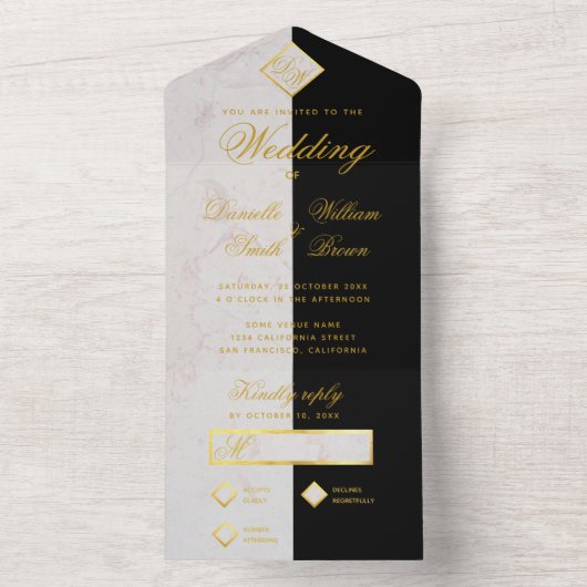 Monogram zwart wit marmer faux gouden folie bruilo all in one uitnodiging (Binnen)
